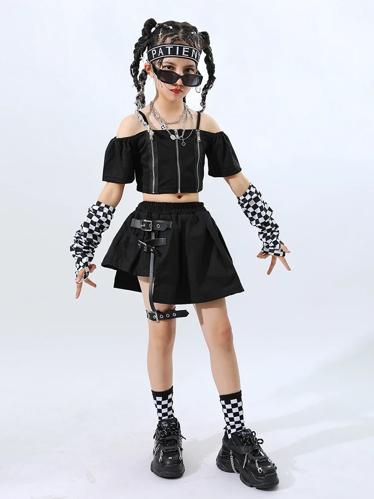 Kids Hip Hop Clothing Black Crop T Shirt Pleated Skirt for Girls Jazz Dance Costume Sets Children Streetwear Outfits 8 10 12 14Y