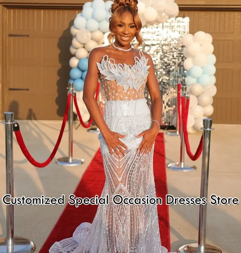 Vestidos de fiesta sencillos 2026, vestido de fiesta de sirena sin tirantes con flores de lentejuelas, vestidos de noche africanos para niñas negras personalizados