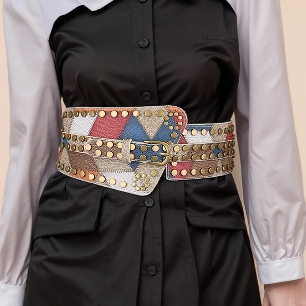 Dames klinknagel lederen balpatroon retro mode riemen voor vrouwen taille decoratieve elasticiteit gordel buikband op jurk jas