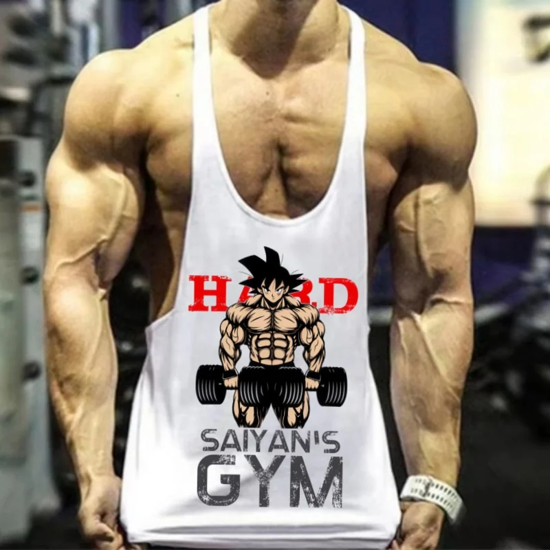 Tanque de ginástica sem mangas de algodão Dragon Ball Z, alça estreita masculina com tecido elástico para treinos e treinamento diários de ginástica
