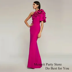 Fuchsia Prom Dress One Shoulder Short Sleeve 3D Flowers فساتين سهرة Mermaid Evening Gown Saudi Arab Formal Occasion Dresses