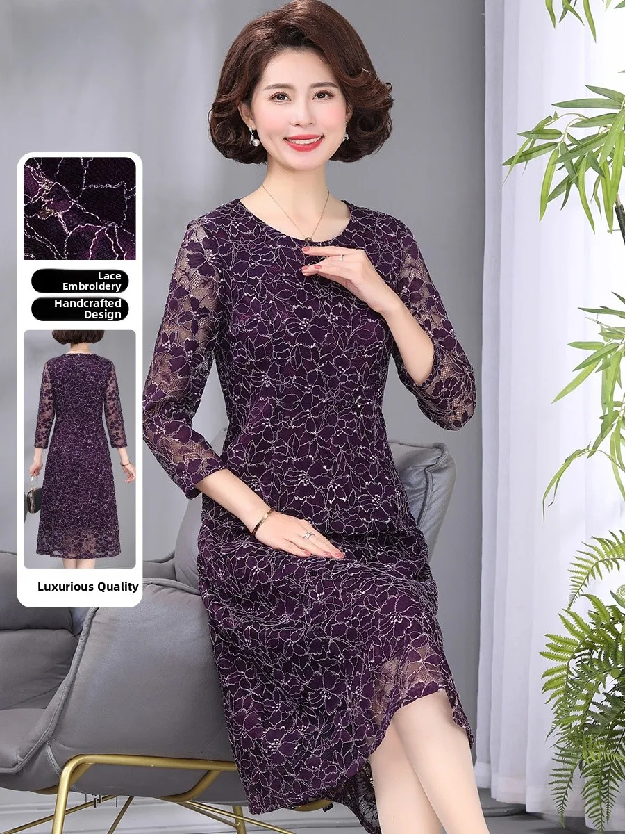

Ele Mid-Length round Ne Lace Dr for 50 Year Old Mother Wedding Banquet Dr High-End Sle Purple Base Layer Dr