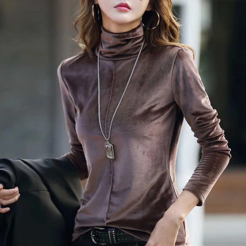 

Thickened Autumn and Winter Lining with Velvet High Collar Slim Fit Long Sleeved T-Shirt for Women New Base Shirt Fashion Top