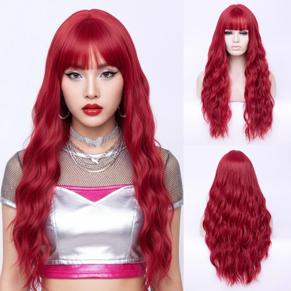 شعر مستعار طويل مموج صناعي أحمر مع ألياف مقاومة للحرارة للنساء من أجل لوليتا كوسبلاي الهالوين وعيد الميلاد وكاليفورنيا