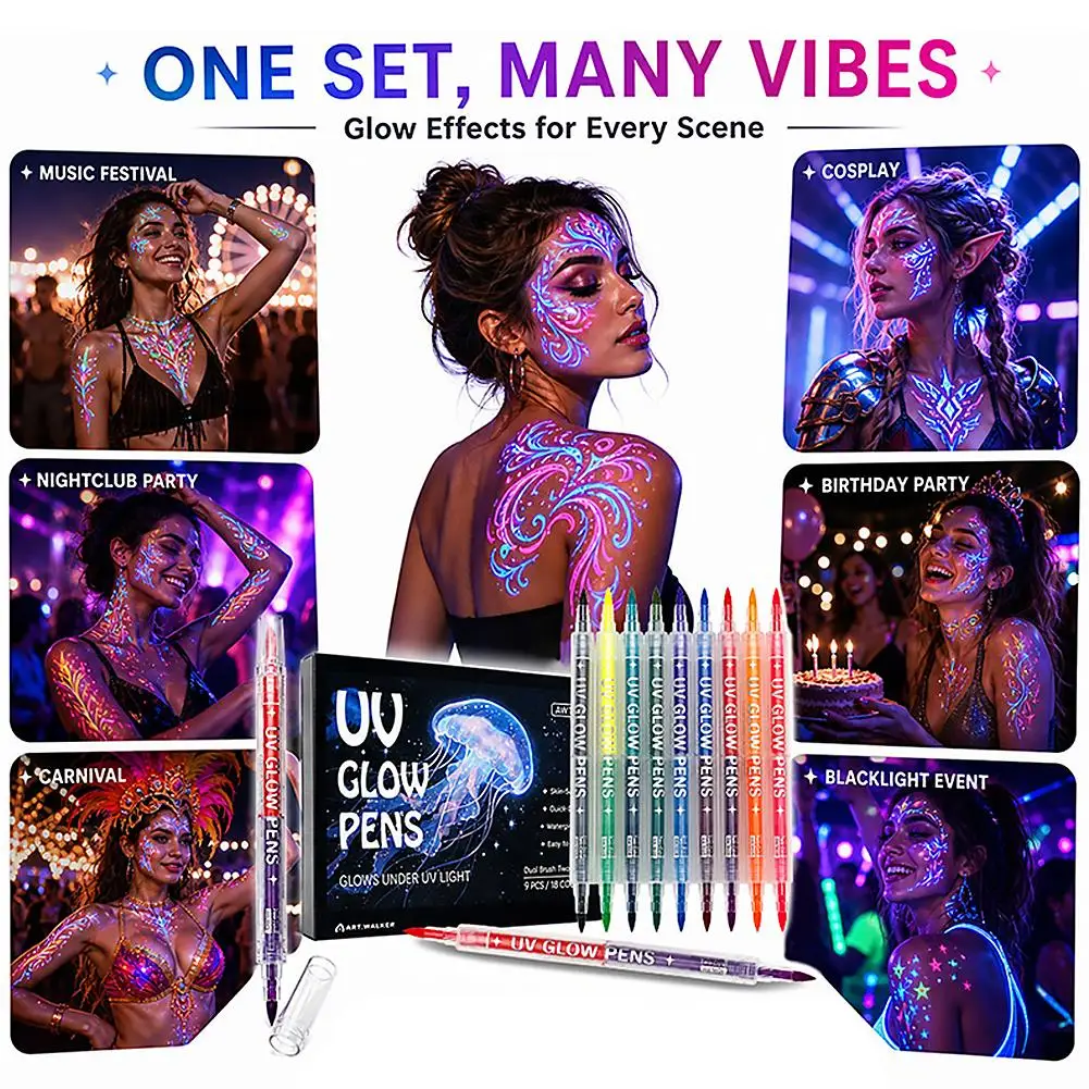 6/9pcs Dual‑Tip UV Glow Pens Set Neon Blacklight Markers for Skin Art, Drawing & Crafts Neon UV Fluorescent Acrylic Paint Pens