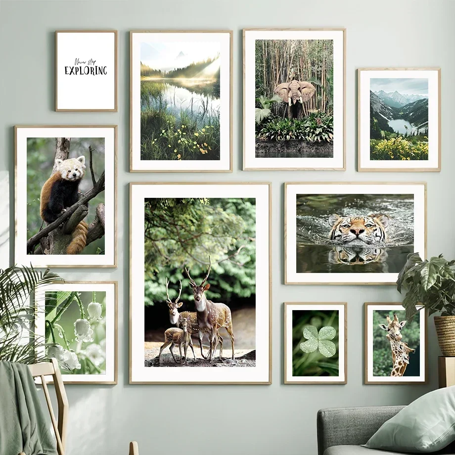 Mountain Lake Forest Elephant Raccoon Deer Nordic Posters And Prints Wall Art Canvas Painting Wall Pictures For Kids Room Decor