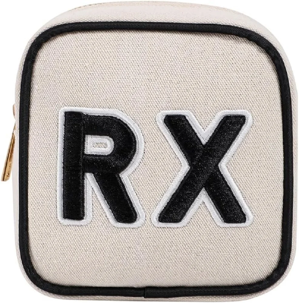 Pequeño paquete de medicina Rx de lona, bolsa de maquillaje con parche de letras de chenilla con cremallera de Metal, Mini monedero de primeros