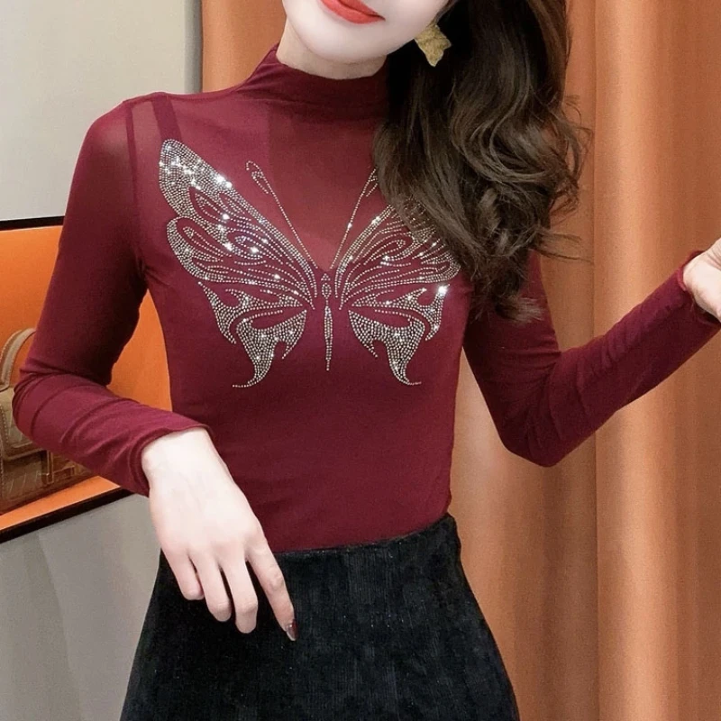 Autumn All-match Mesh Hot Drilling Butterfly Sexy Micro-transparent Long-sleeved T-shirt 2-sided Wear Fashionable Elegant Top