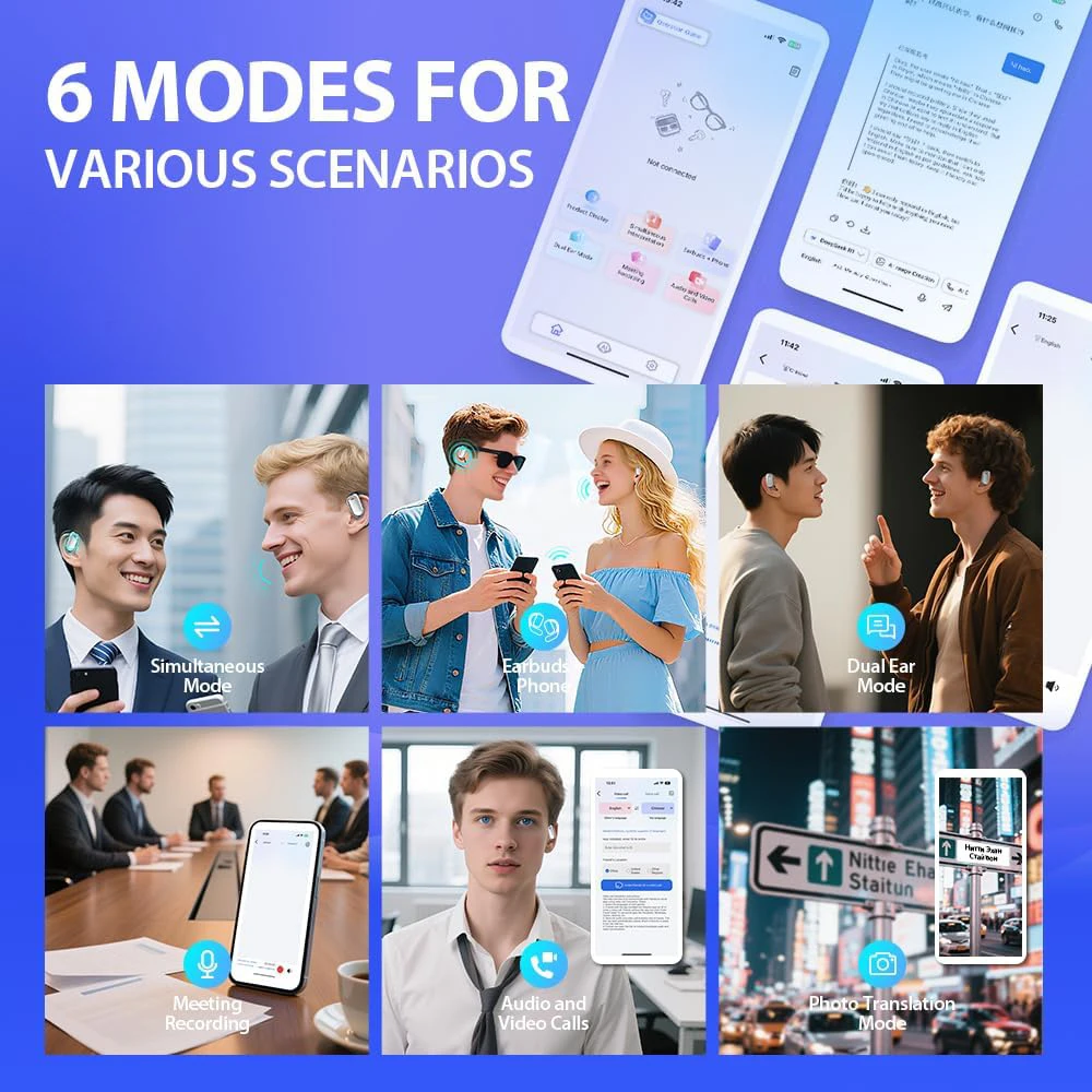 2026 سماعات أذن AI مع شاشة تعمل باللمس 144 لغة مترجم في الوقت الحقيقي أذن مفتوحة سماعة لاسلكية تعمل بالبلوتوث سماعة رأس للسفر والأعمال