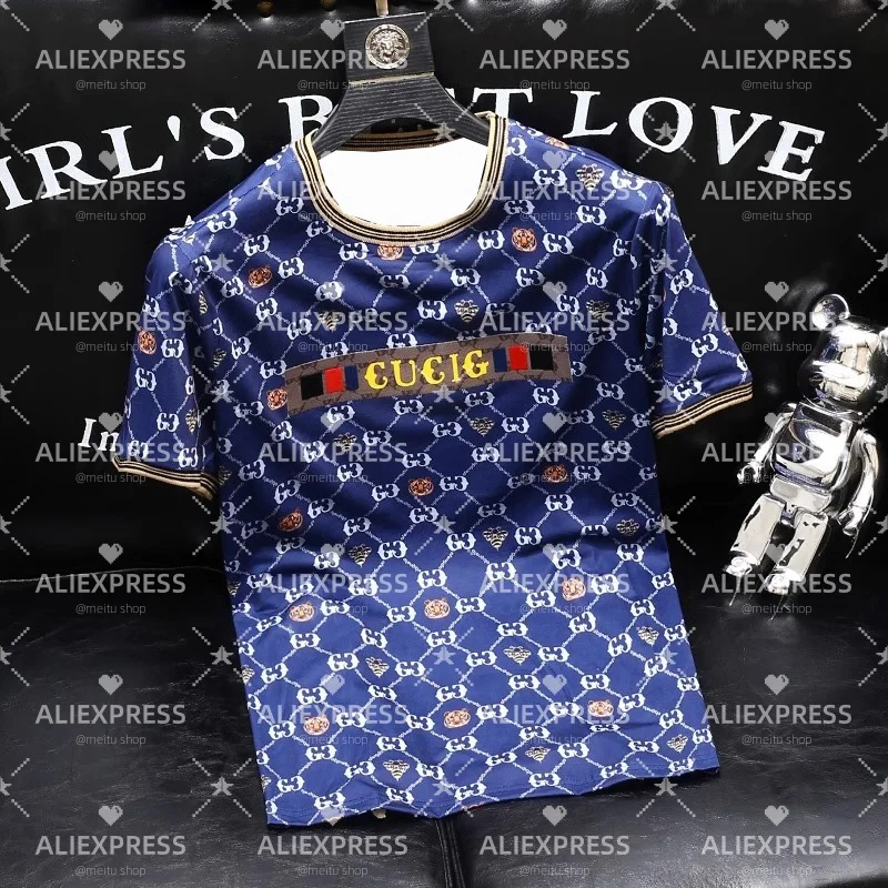 

2025 New Quick-drying Light Luxury Men's Summer Wear New Short-sleeved Top Trendy Printed Letter Round Neck T-shirt Moto
