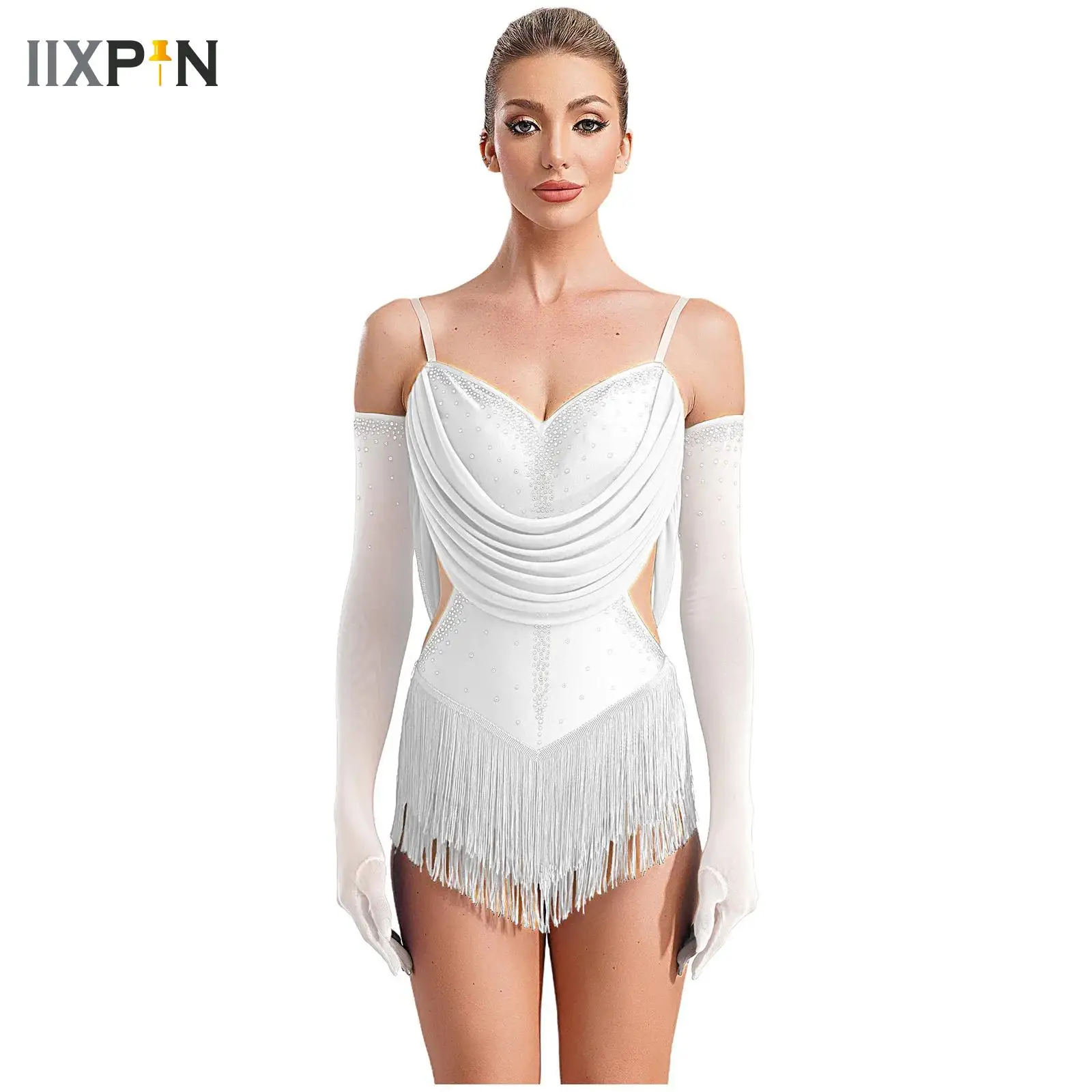 Women Latin Tango Dance Dress Rhinestone Skirted Leotard with Gloves Lyrical Salsa Tango Ballroom Jazz Rumba Samba Dance Costume