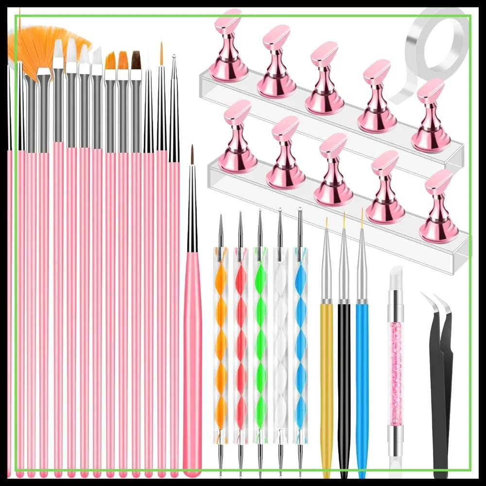

Complete Nail Art Tool Set: Stand, Brushes, Dotting Tools for Beginners & Pros (Pink)