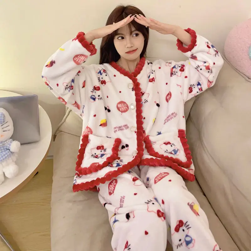 New Sanrio Sleepwear Hello Kitty Pajamas Warm Thickened Woman Winter Cartoon Home Suit Sweet Nightgowns Cute Loungewear Pj Pants