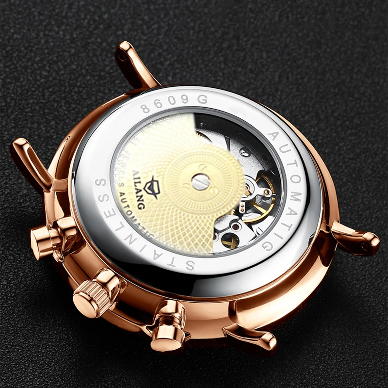 AILANG Brand New Fashion Moon Phase Mechanical Watch for Men Stainless Steel Mesh Strap 50m Waterproof Automatic Watches Mens