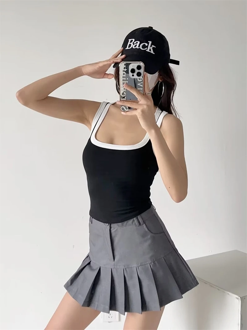 

Sexy Crop Top Vest Street Sle Square Collar Bal Svel Slim Fit Inner Wear Faionable ort Length Pure Color