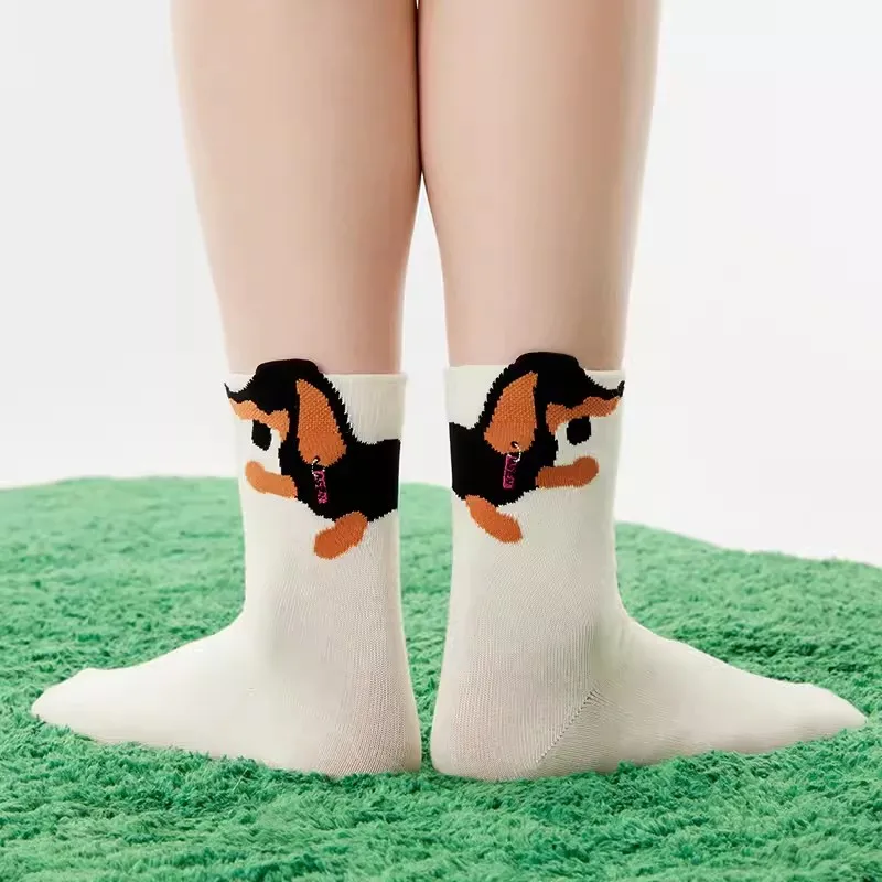 

Cute Dachshund Socks For Women Spring And Autumn Middle Tube Design Cartoon Shiba Inu Panda Cat White Socks 39934