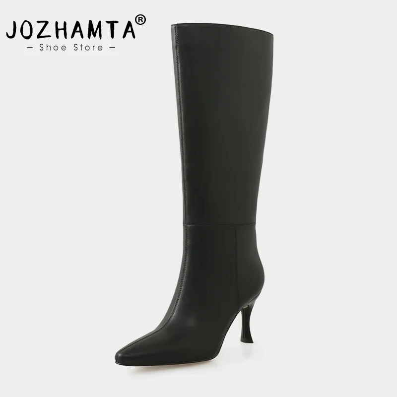 JOZHAMTA Size 34-42 Women Knee Boots Genuine Leather Sexy Thin High Heels Shoes Woman Winter Pointed Long Boots Casual Office