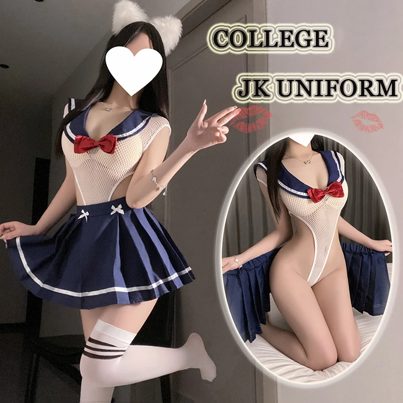 Сексуальное милое боди школьницы, униформа JK для косплея, сетчатый комбинезон, плиссированная мини-юбка, кавайная студенческая одежда для ролевых игр
