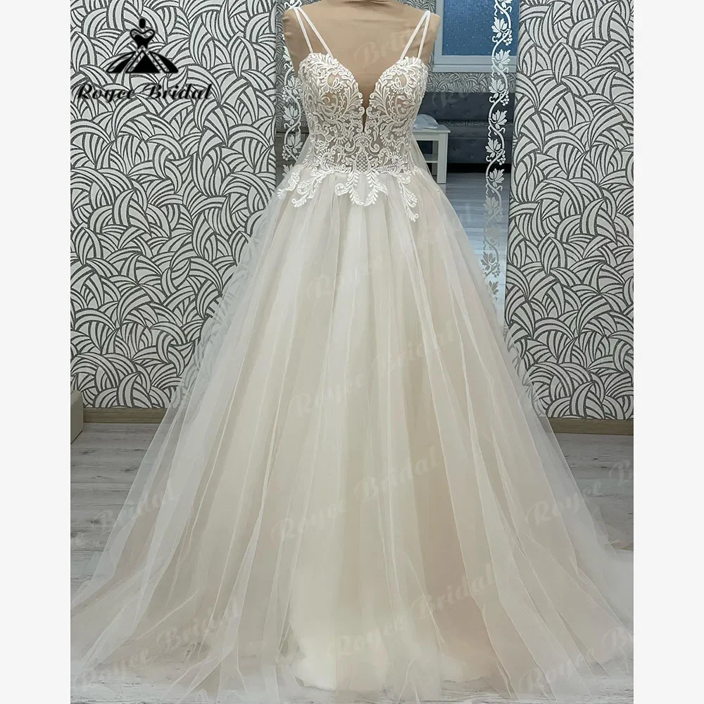 Princesa tirantes espagueti champán Linging Apliques de encaje vestido de novia para mujer 2025 vestido de novia vestido de noiva romantico