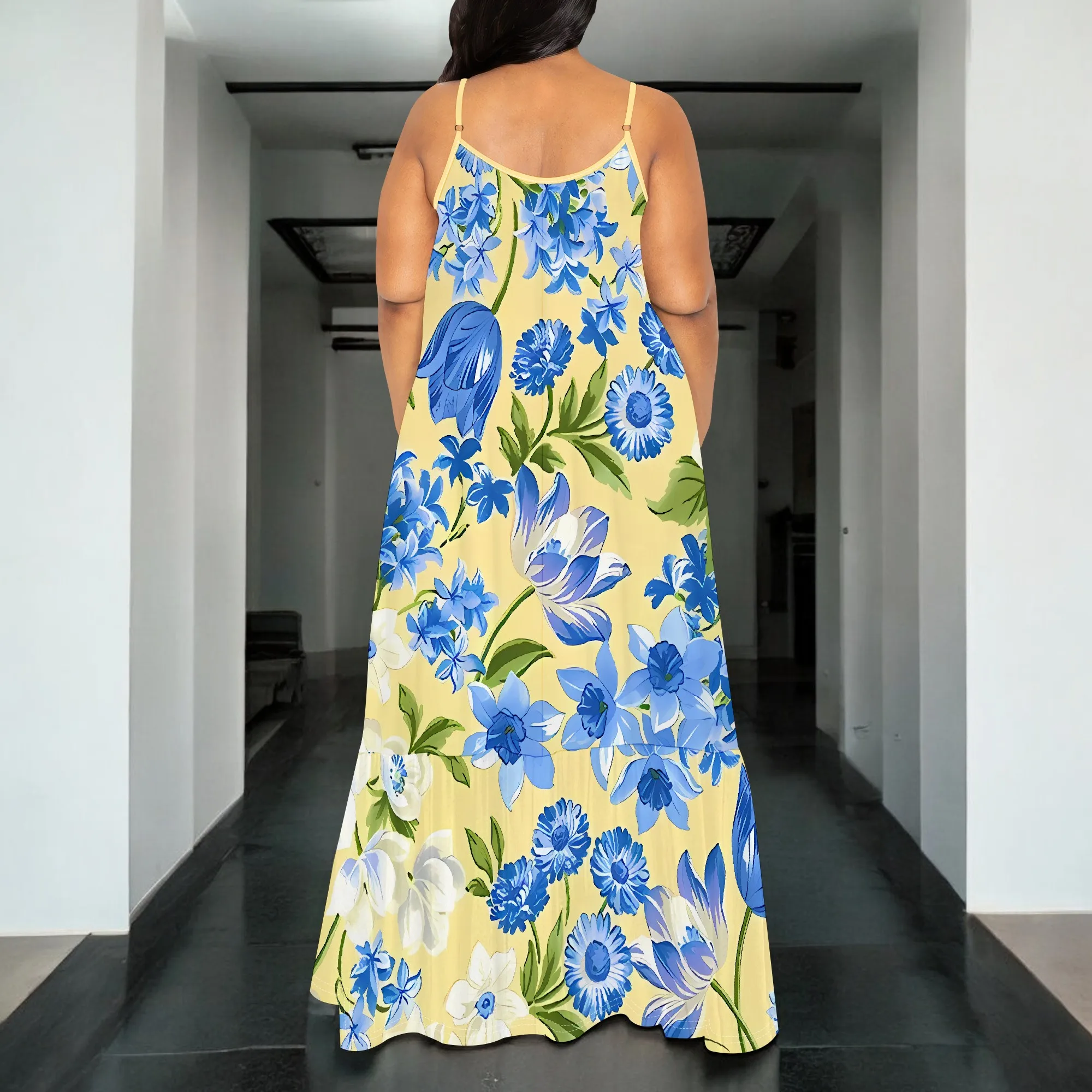 Nupusa ブルー花柄ドレス女性のための標準サイズ夏カジュアルスパゲッティストラップマキシドレス