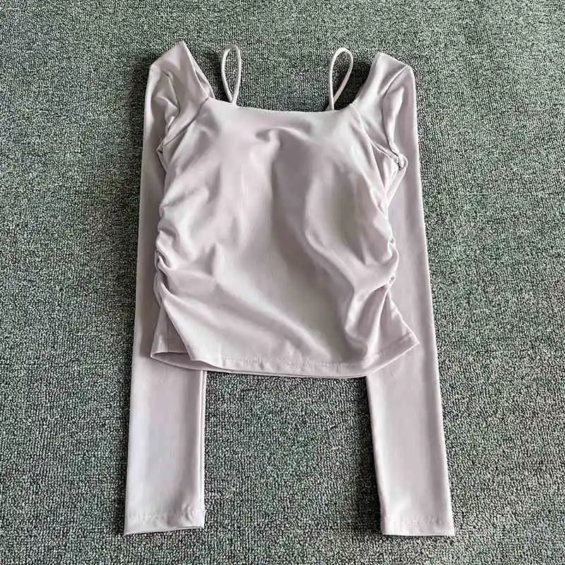 Yoga Long Sleeve Women's Autumn and Winter Semi Fixed Cups Spaghetti Straps Athletic T-shirt Waist Side Slim Fitness Clothing