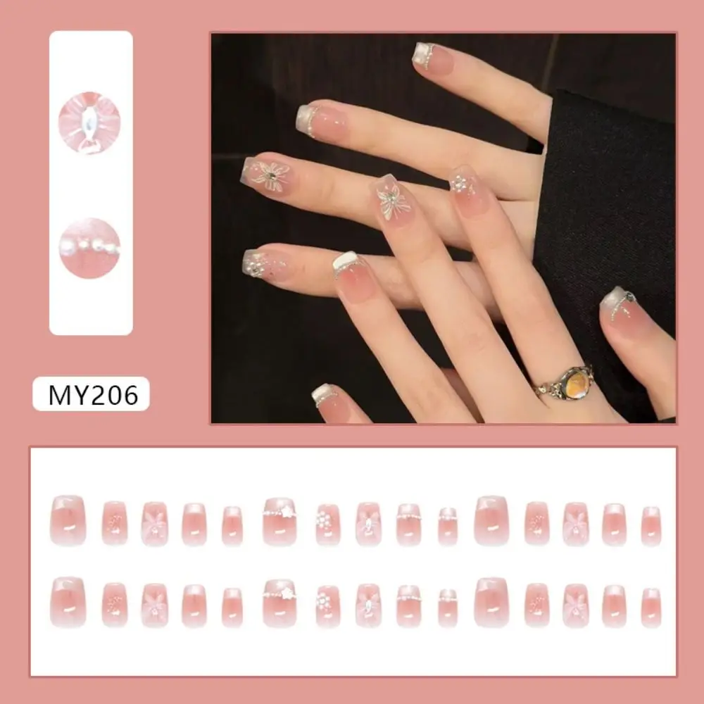 

24pcs Manicure Square False Nails French Press on Nails Detachable Pearl Chain Stars Fake Nials DIY