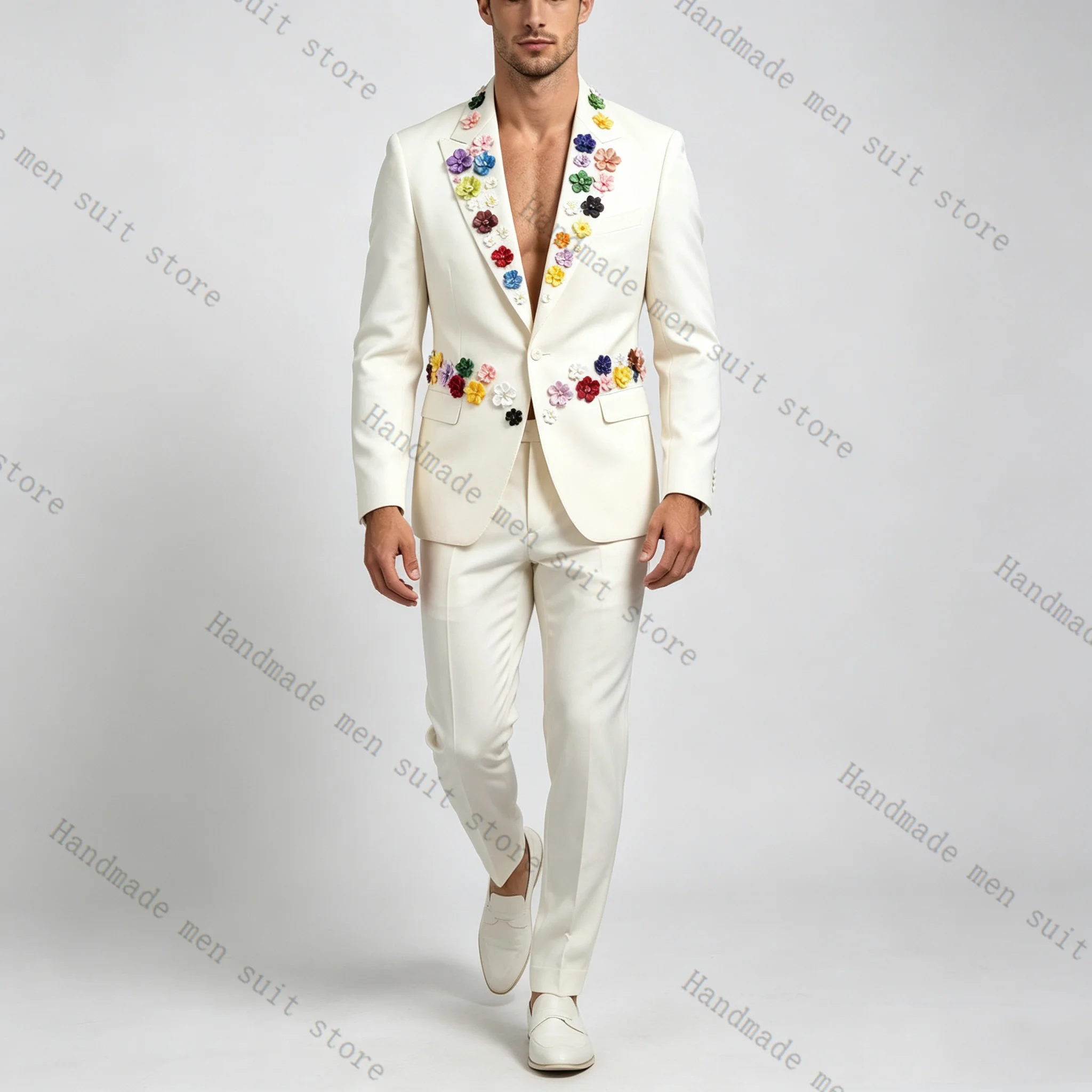 

White Men Suit Set 2 Piece Blazer+Pants 3D Flower Cotton Prom Wedding Tuxedos Coat Customized Formal Office Fashion Jacket