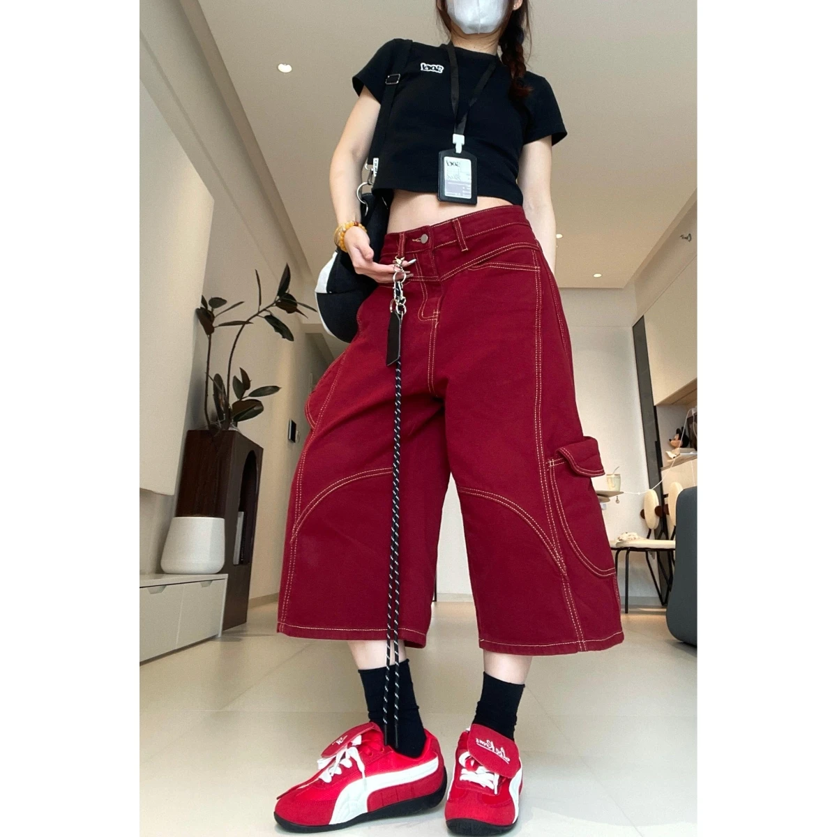 

Ретро-шорты в американском стиле, деконструированные, унисекс, летние, новая модель, широкие штанины, брюки 7/8, шорты с карманами на талии