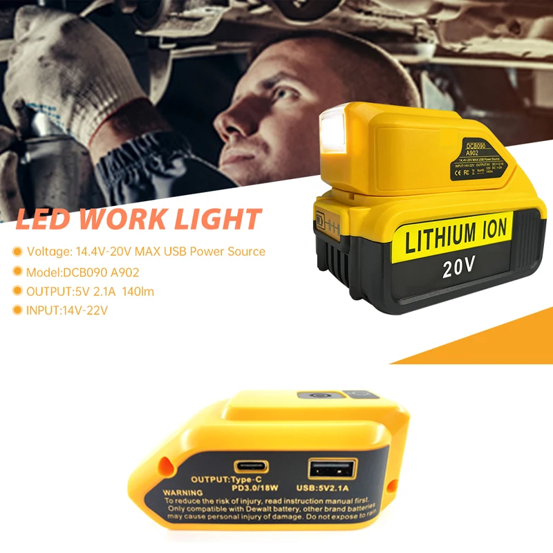 New Replacement DCB090 Power Source For Dewalt 18V 20V Battery Adapter with USB Type-C Power Bank 3W LED Work Light Converter