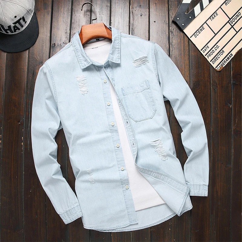 

Light blue perforated design men's denim shirt summer outdoor casual jacket slim fit top