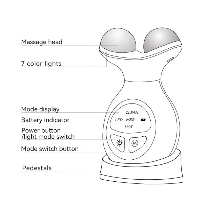جهاز تدليك محمول لشد الوجه والرقبة 7 في 1 أداة العناية ببشرة الوجه بإضاءة LED