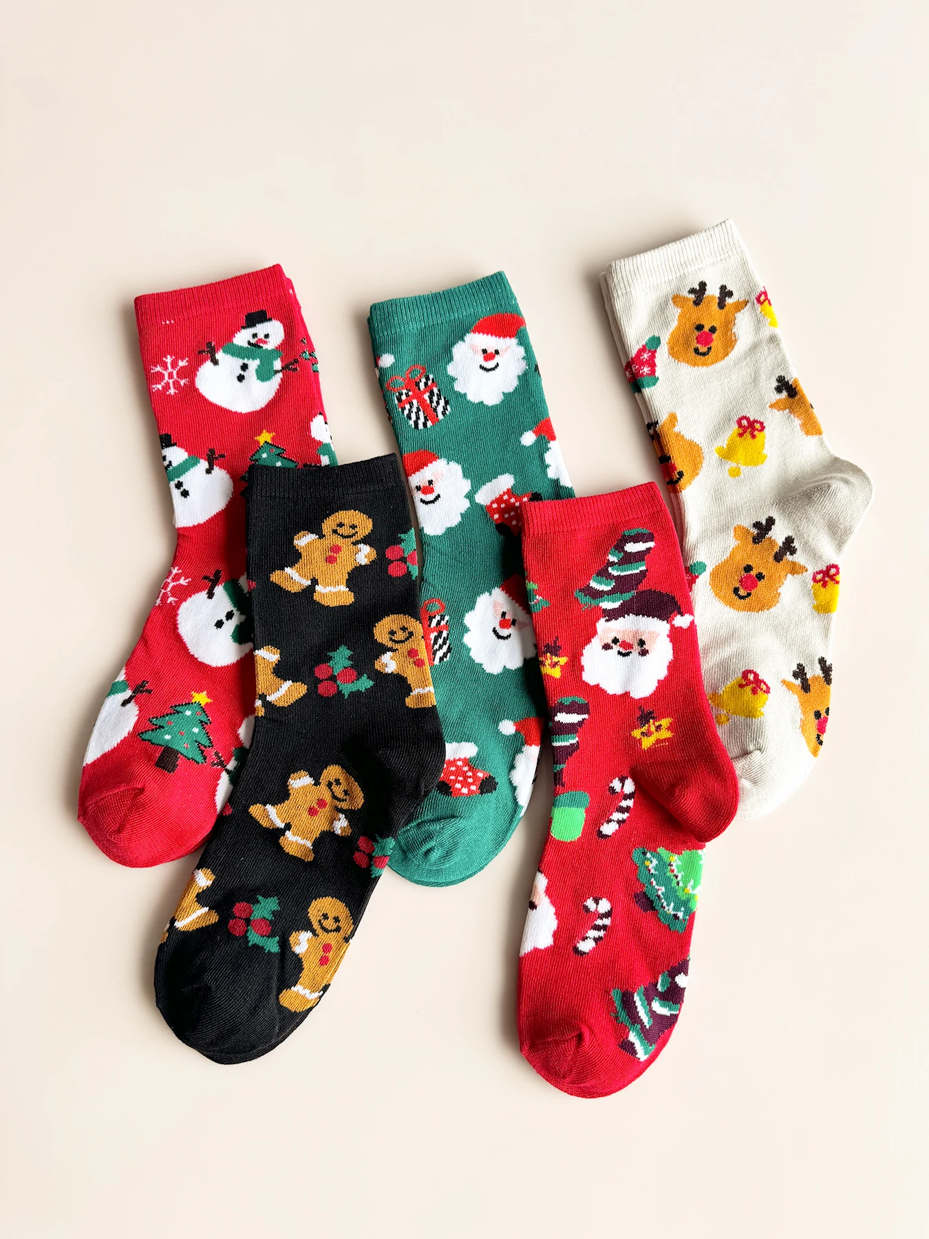 5 pairs of autumn and winter Christmas stockings, Santa Claus gift, snowman, reindeer, mid tube socks