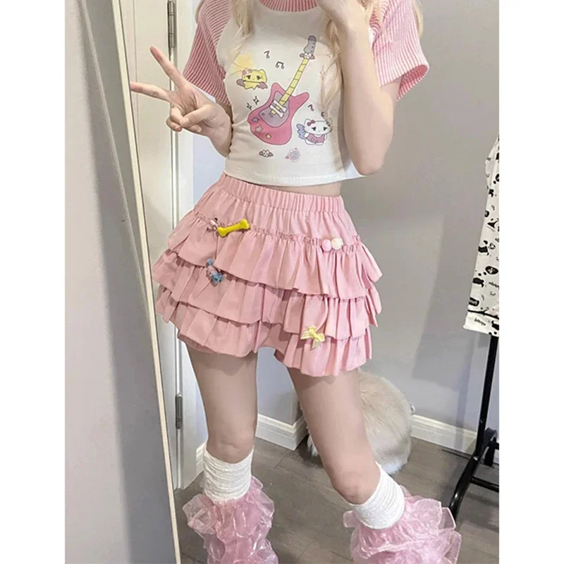 

Sweet Ruffles Mini Skirt Women Kawaii Lolita Bow A Line Skirts Harajuku Japanese High Waist Pink White Ball Gown Skirt