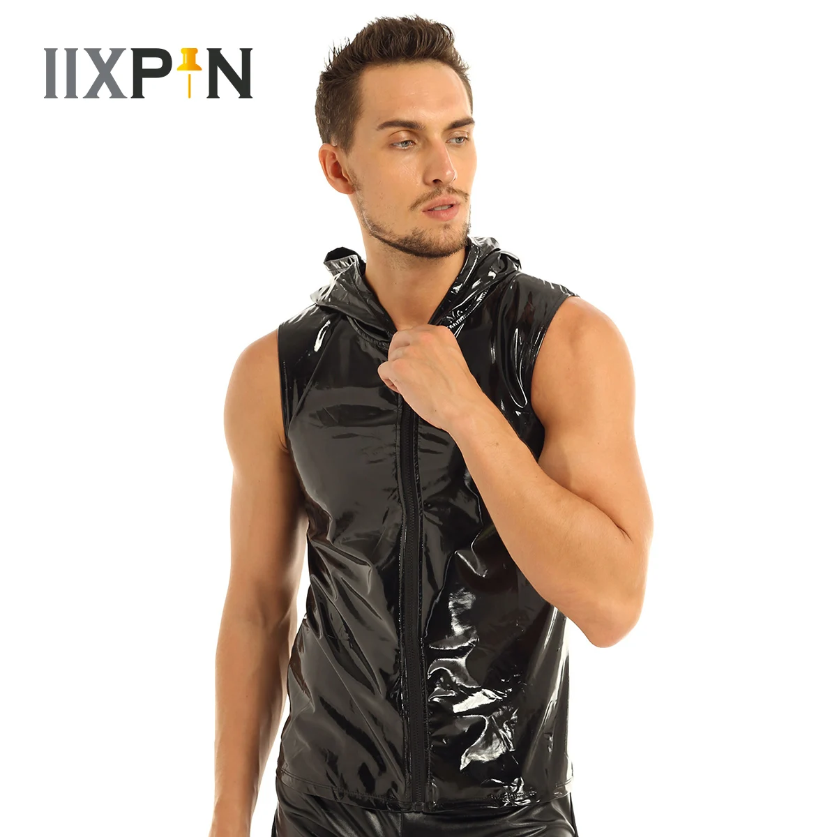 Black Patent Leather Tank Top Men 2022 New Hip Hop Sleeveless Hoodie T Shirts Men Wetlook Nightclub Party Dance Zipper Tops Tee