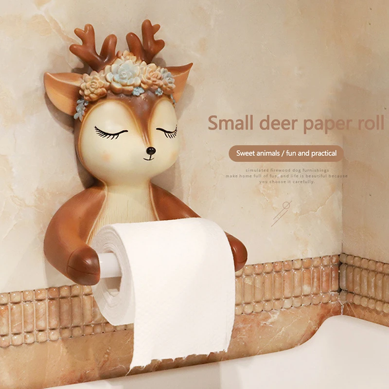 Household Toilet Paper Holders Cute Cartoon Deer Wall Mounted Hanging Roll Paper Shelf Bathroom Tissue Box Storage Rack