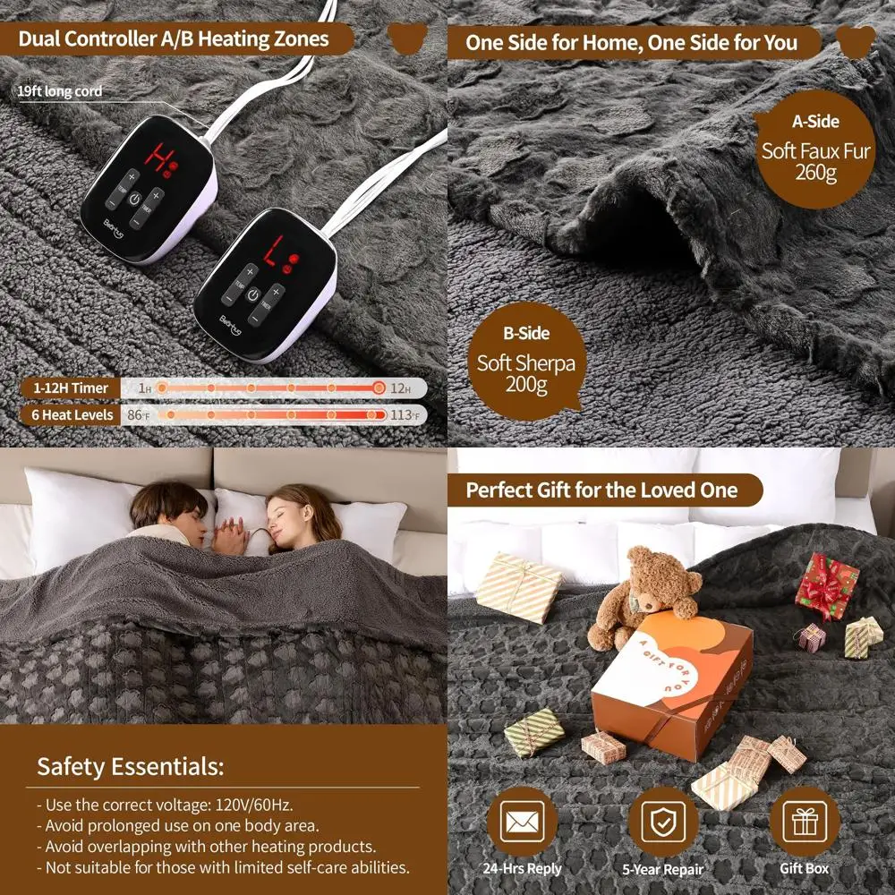 

King Size 100x90 Electric Blanket with Dual Controls, Grey Floral Faux Fur & Sherpa, 10 Heat Levels, Auto Shut-Off, Machine Wash