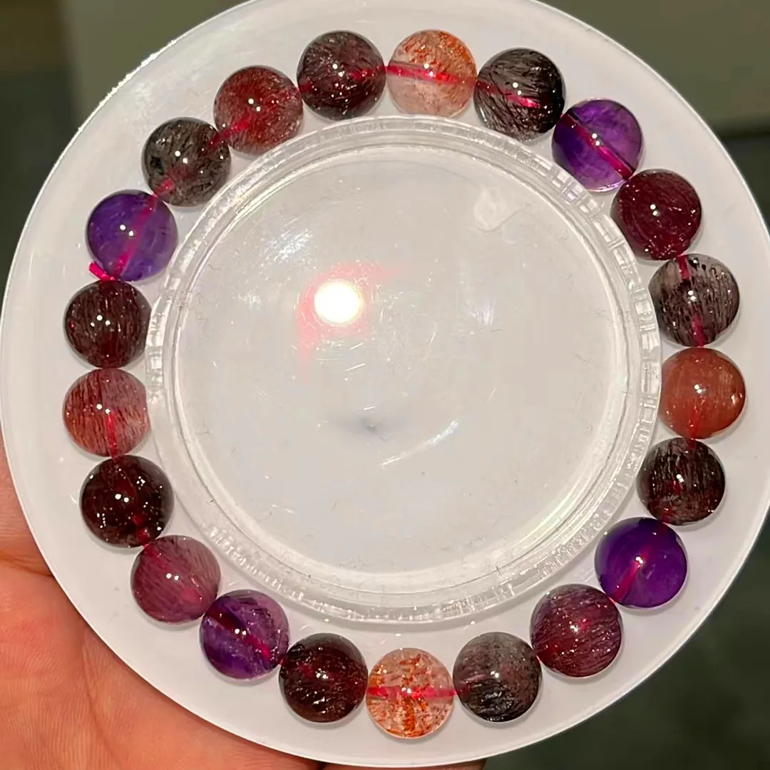 

Genuine Natural Purple Super Seven 7 Lepidocrocite Quartz Bracelet 9.2mm Red Rutilated Clear Round Beads Women Men AAAAAA