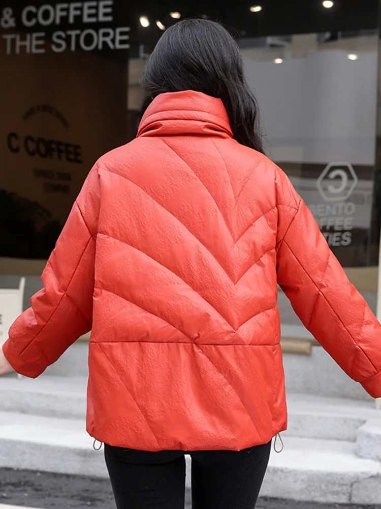 New Women Winter Red Leather Down Jacket Fashion Casual Stand Collar Loose Sheepskin Down Coat Split Leather Warm Outerwear