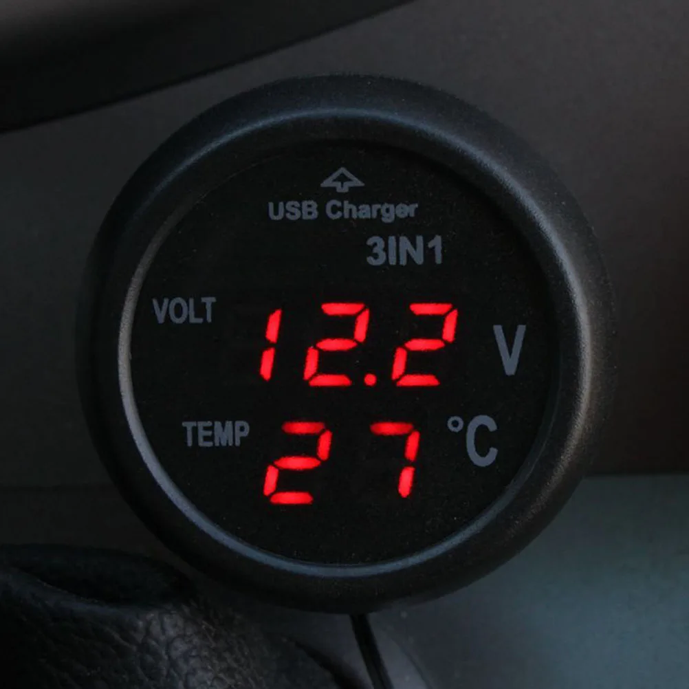 

Car Voltmeter Thermometer 12-24V 5V 2 1A USB Output Smartphone GPS Tablet LCD Green Red ABS Plastic Compact Size 8x4 3cm