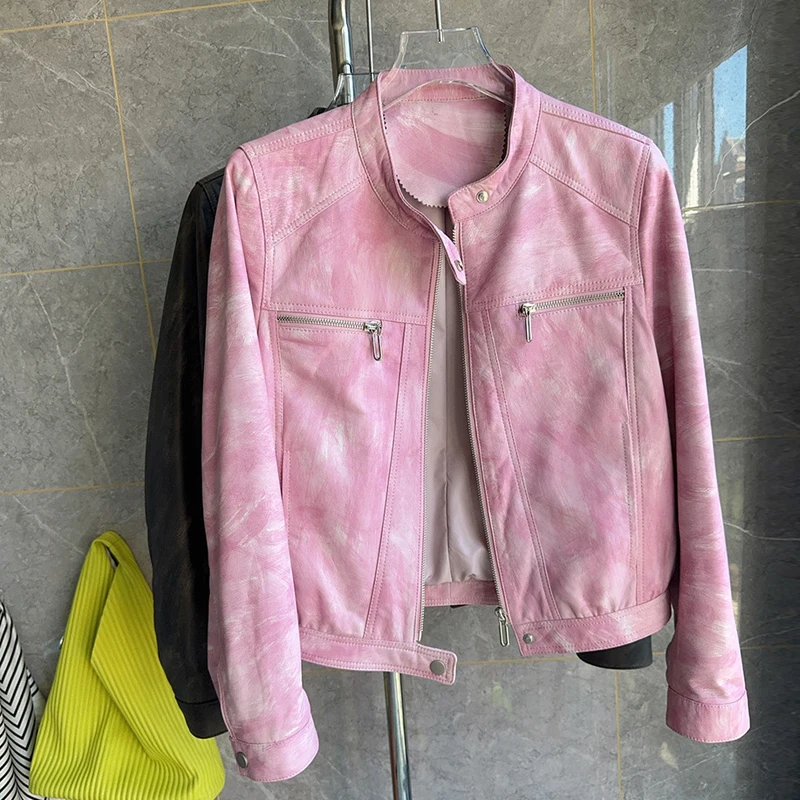 Fashion Pink Printing and Dyeing Women Real Leather Jackets 2025 New Stand Collar Zipper Motorcycle Sheepskin Short Jackets Coat