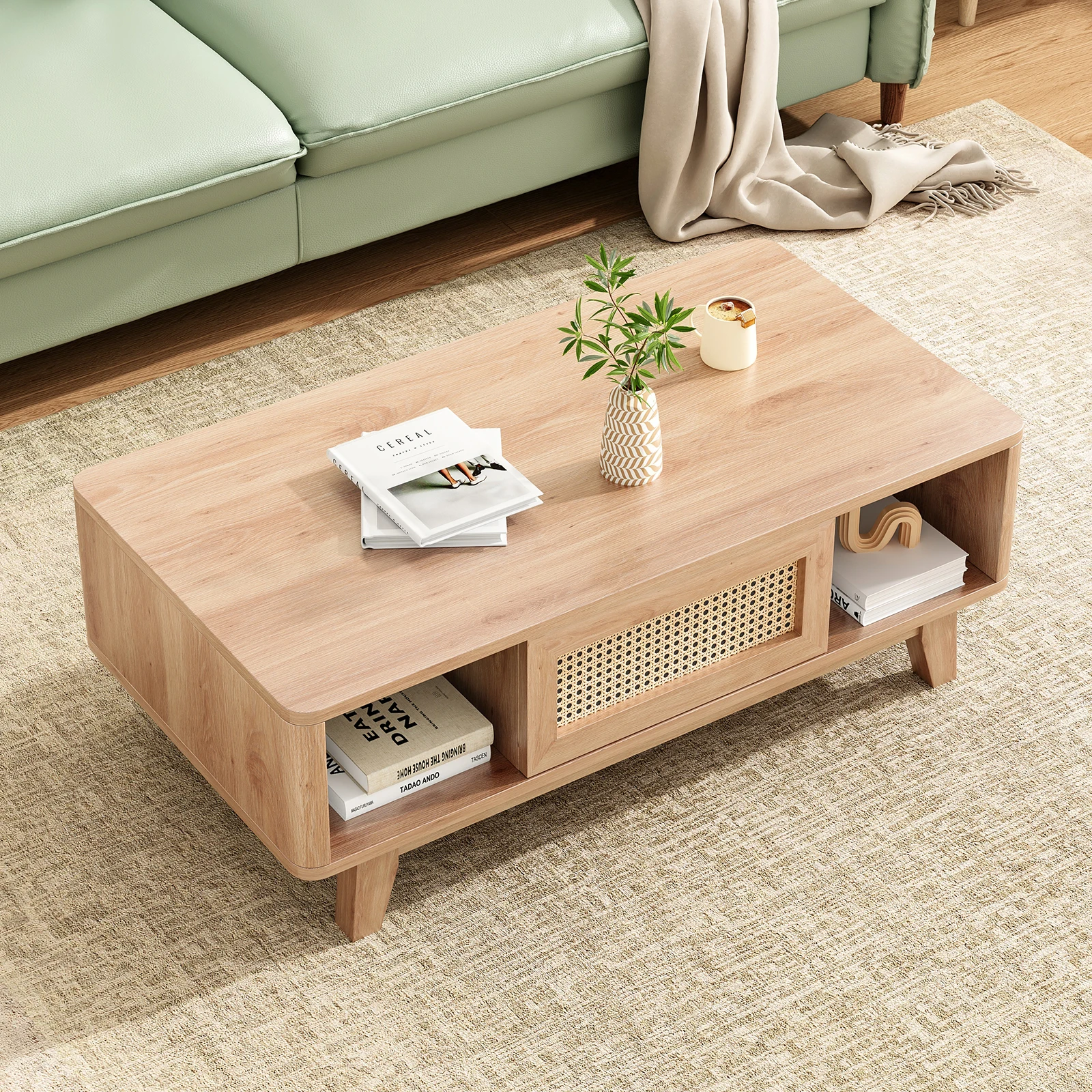 Farini Mid Century Modern Coffee Table with Rattan Drawer, Wood Storage Table for Living Room, Farmhouse Home Furniture