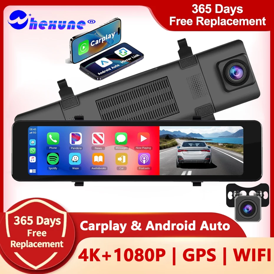 4K UHD Dual Lens Dash Cam GPS Night Vision Supports Wireless Apple Carplay and Android Auto Voice Control Rearview Mirror Camera