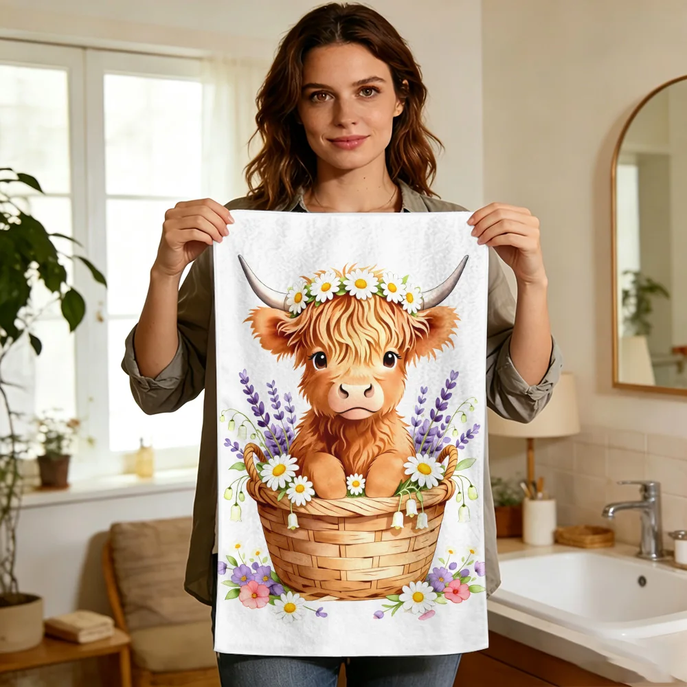 1pc/2pcs Highland Cow Floral Kitchen Towel-Super absorbent, reusable polyester dishcloths perfect for home decor, cooking, bakin