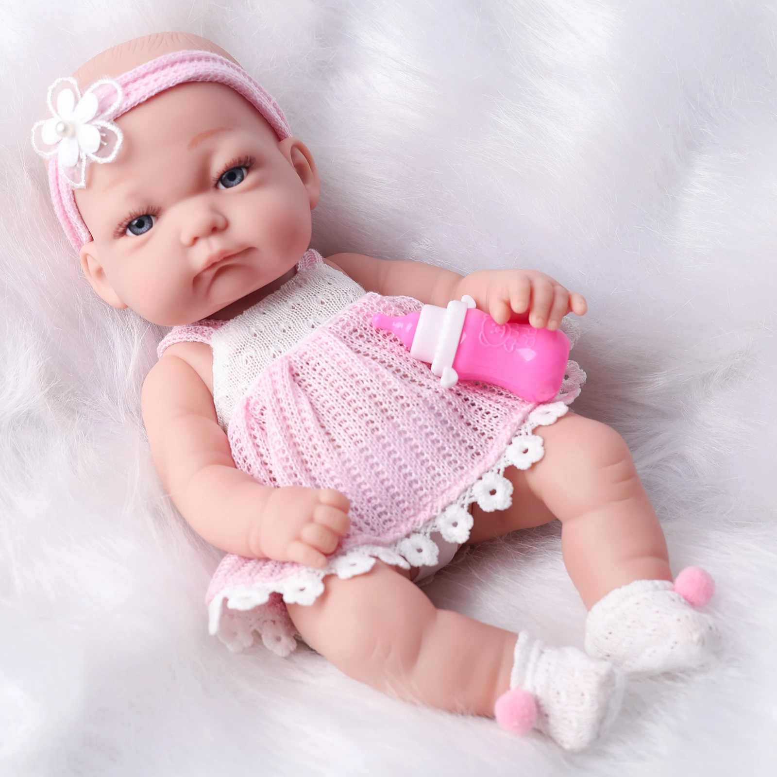 32cm/12.6 Inches Bebe Reborn Baby Doll Pink Color Clothes Vinyl Body Realistic New Born Baby Dolls with Fashion Stocking Gift