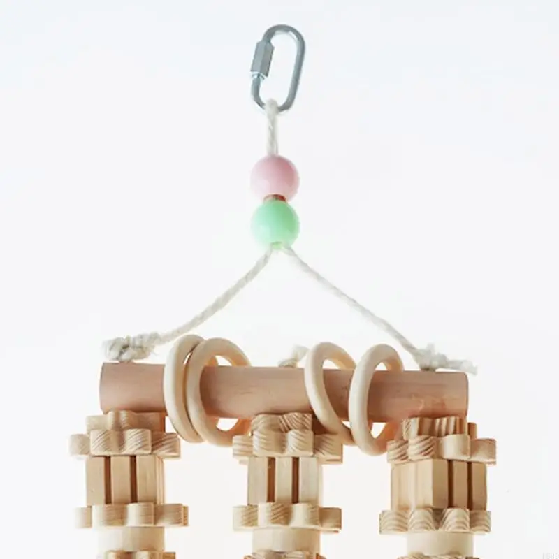 F68D Parrot Wooden Chewing Toy Multiple Shapes Natural Blocks Perch Cage Hanging with Metal Hanging Hook