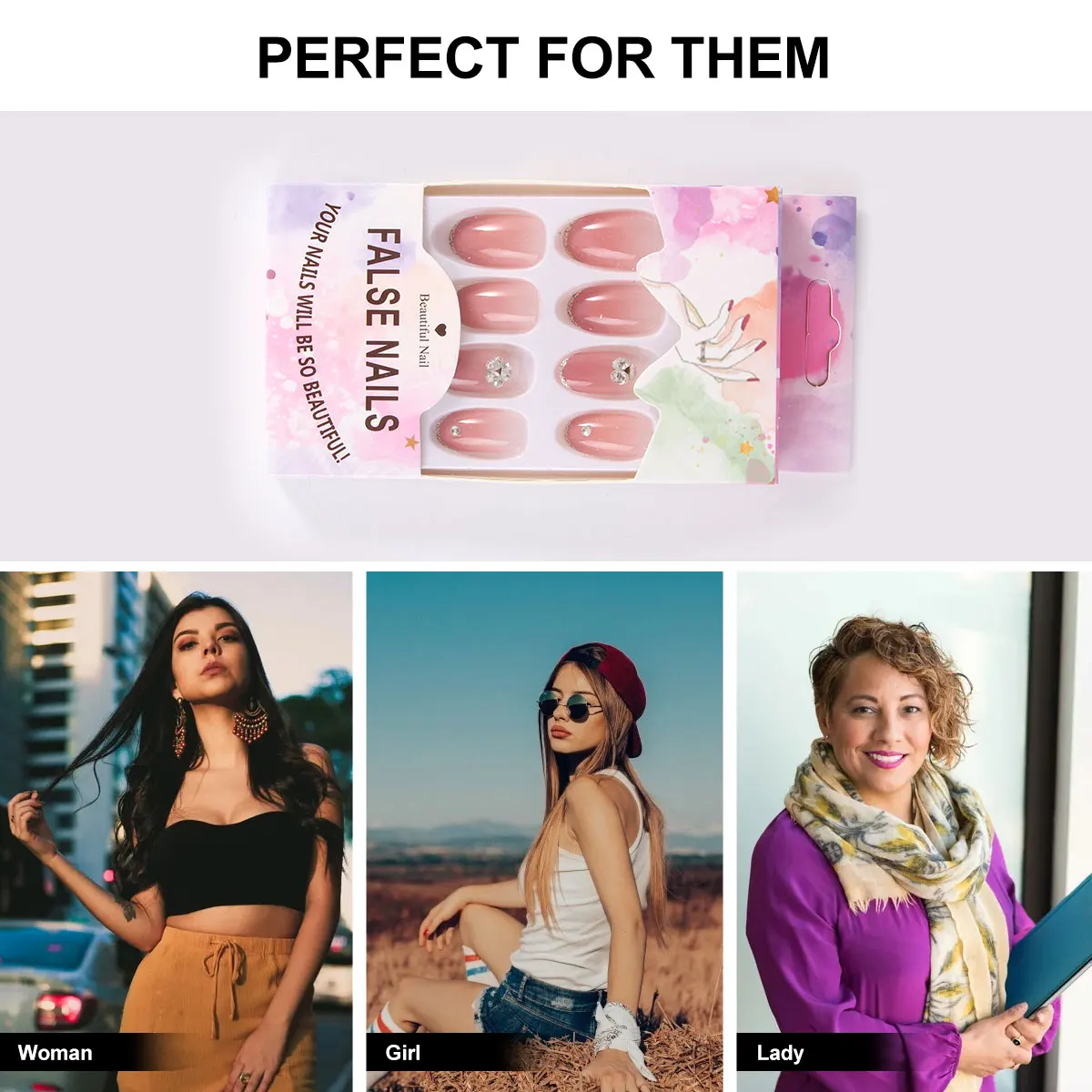 섬세한 가짜 손톱 거짓 키트 끈적 거리는 네일 패치 여성을위한 인공 네일 아트 스티커 매니큐어 용품