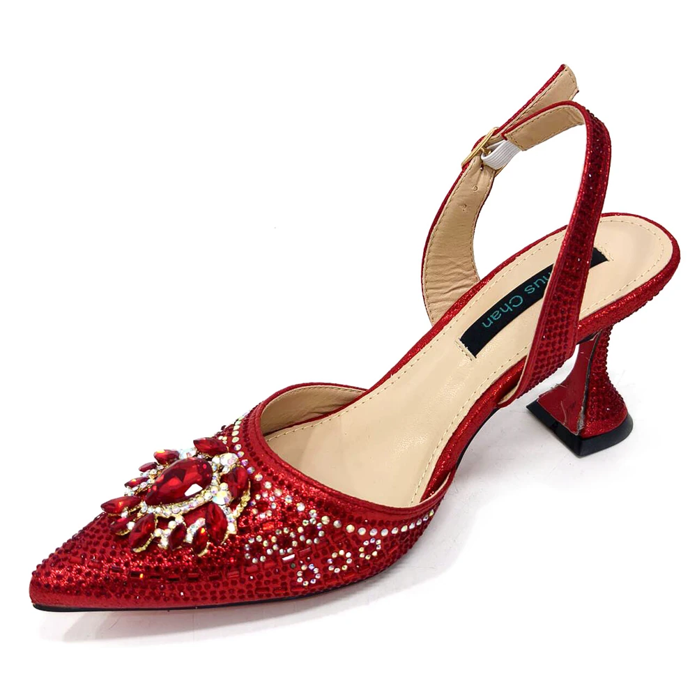 Venus Chan-Nigerian Heel Party for Women Red Color Shoes and Bag Set Rhinestone Handbag Italian Design Wedding INS 2024