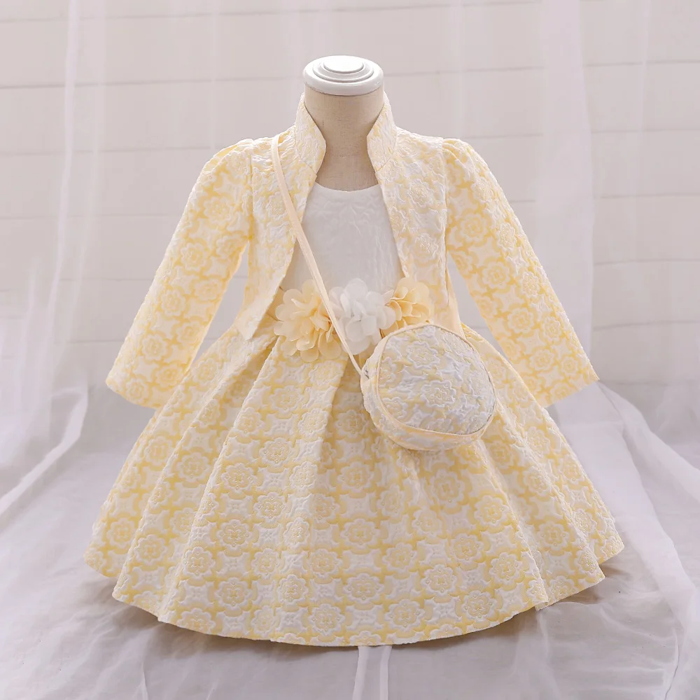 3PCS Baby Party Dresses For Girls Court Vintage Ceremony Birthday Party Ball Gown Toddler Kids Princess Vestidos With Bag Shawl