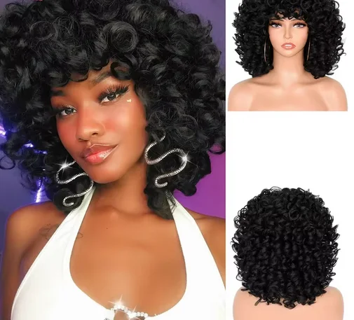 Short Hair Afro Kinky Curly Wigs With Bang For Black Women Fluffy Synthetic Natural Hair Ombre Cosplay Blonde Brown Wig