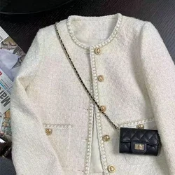 Women's Jacket New Small Fragrance Coat 2024 Autumn Winter Korean Fashion Off White French Short Style Tweed Tops